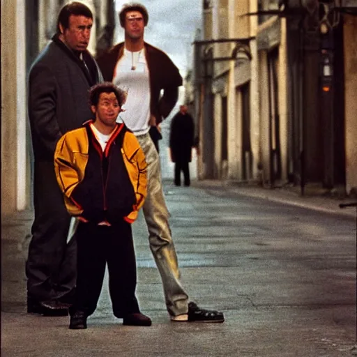 Prompt: portrait of alexandr zembatov and mikhail alontsev, tall and small, posing on a street in gangsta comedy of 1990s, movie shot, Lock, Stock and Two Smoking Barrels