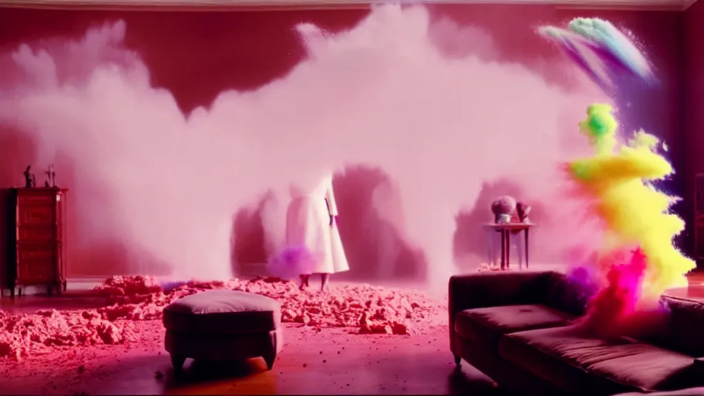 Image similar to colored powder explosion in the living room, film still from the movie directed by Denis Villeneuve with art direction by Salvador Dalí, wide lens