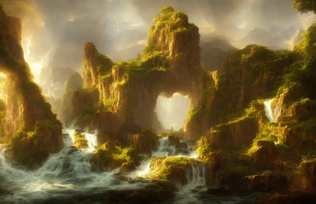 Image similar to a huge arc far away in a thomas cole inspired landscape, detailed dreamscape, hyperreal phantastic landscape, intricate details in environment, golden ratio, high aestehtic, waterfall cascades, cinematic light dramatic light, lightrays, trending on artstation