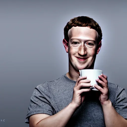 Image similar to Mark Zuckerberg as a holding a cup coaster EOS-1D, f/1.4, ISO 200, 1/160s, 8K, RAW, unedited, symmetrical balance, in-frame, Photoshop, Nvidia, Topaz AI