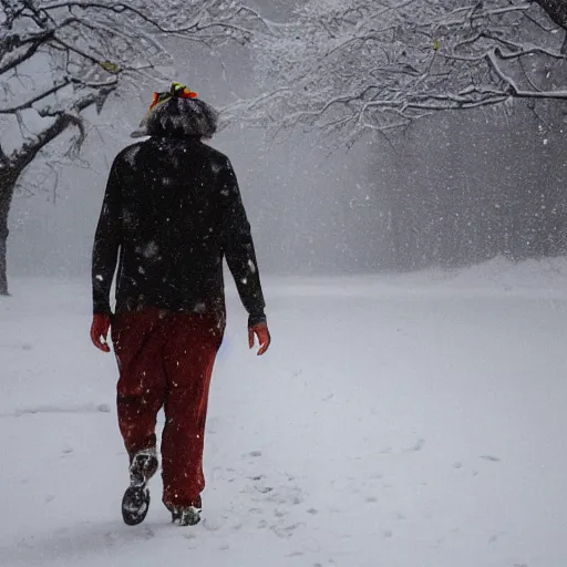 Prompt: a boy with colored dread hair walking in snow, 6 : 3 0 am, painted by michelangelo