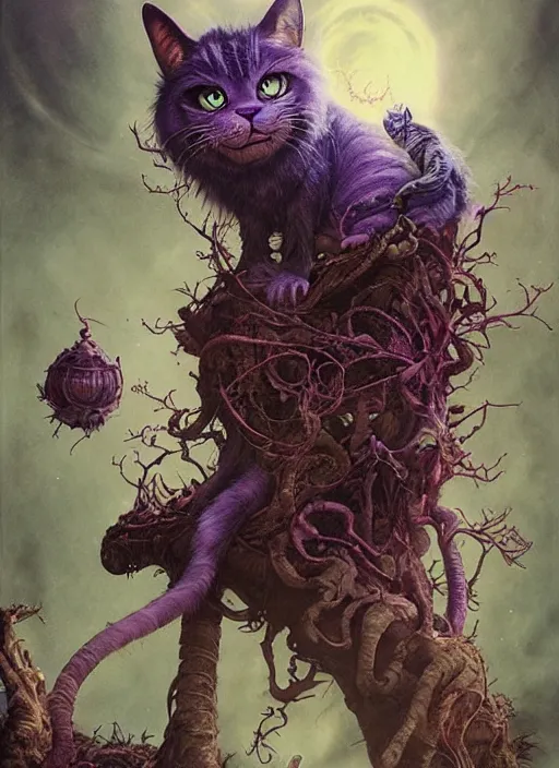 Image similar to cheshire cat the magician tarot card, highly detailed, cinematic, 8 k, by stanley artgermm, tom bagshaw, greg rutkowski, carne griffiths, ayami kojima, beksinski, giger, trending on deviantart, hyper detailed, horror, full of colour