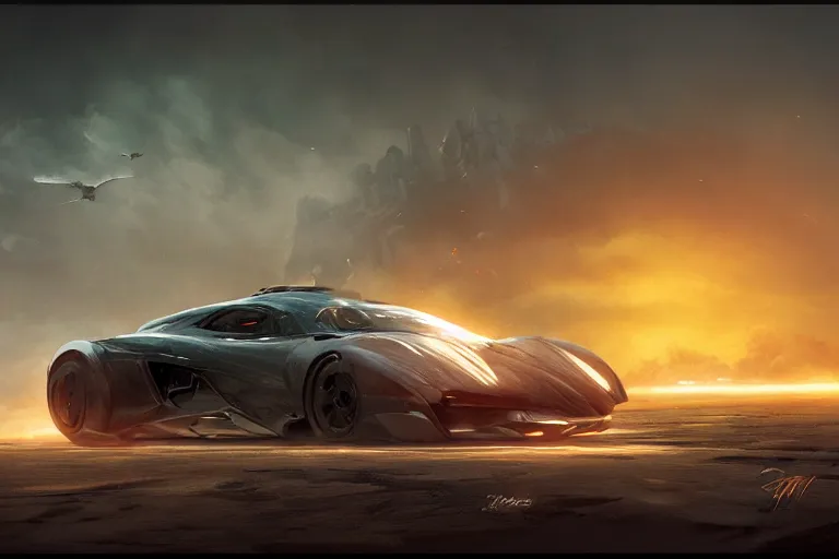 Image similar to the batmobile caught in the flow of time. octane render. 8 k. dark. atmospheric. cinematic. spectacular. sense of awe. mist. strong winds. sunrise. super slowmotion. matte painting painted by sparth and peter mohrbacher