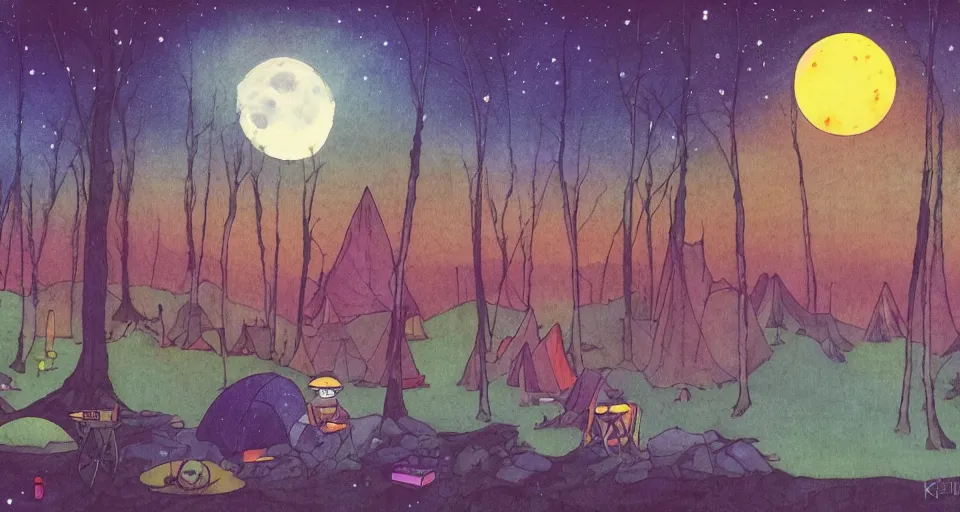 Image similar to camping by the lake in a forest, landscape by kelly mckernan and studio ghibli, night, moonlight, red, yellow, purple and blue tones, pastel colors