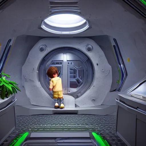 Prompt: little boy looking at some plants inside a spaceship, 3 d render, unreal engine, cinematic, octane scifi