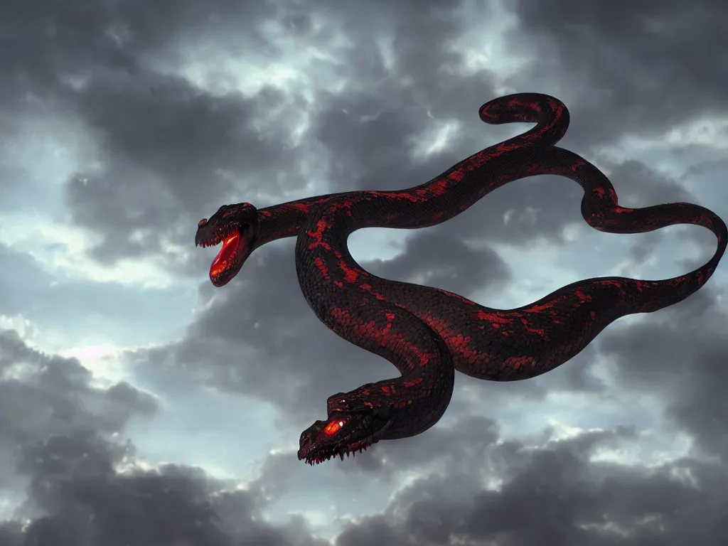 Prompt: awful demonic serpent flying in cinematic lighting sky