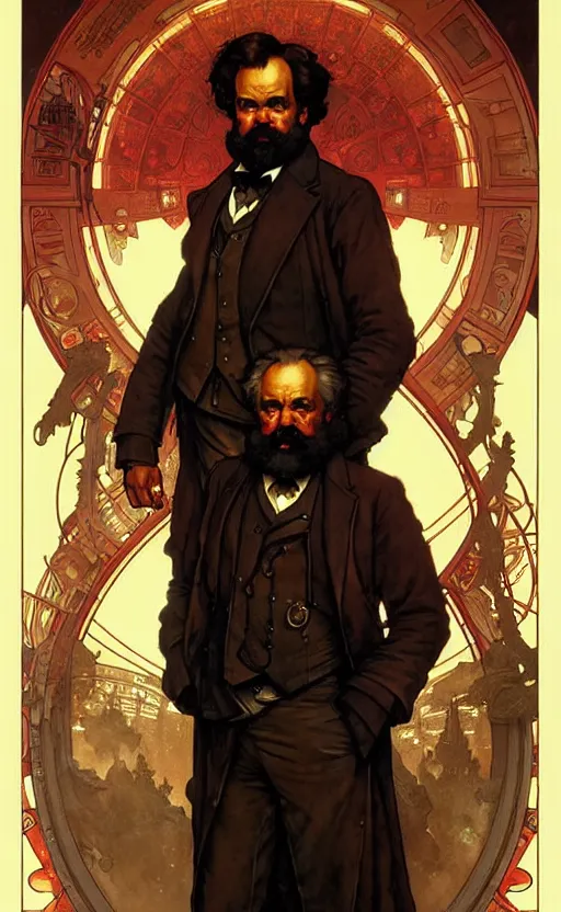Image similar to karl marx gorgeous lighting by weta studio, mucha, bautista and norman rockwell and greg rutkowski and tom bagshaw and james gurney and lucasfilm