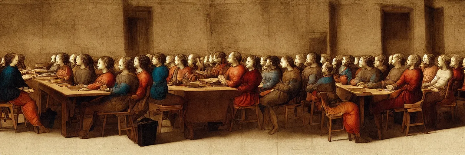 Prompt: a beautiful Leonardo Vavinci illustration of a table where smart people sit and listen to a TED lecture