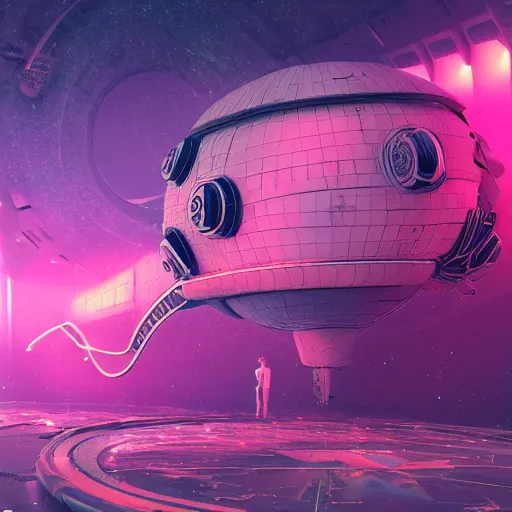 Image similar to !dream arriving on a derelict space station, ominous, epic, wonderfully colorful, illustration, ink lines, accurate, weird, neon ink, clean, minimal, 8k, octane render