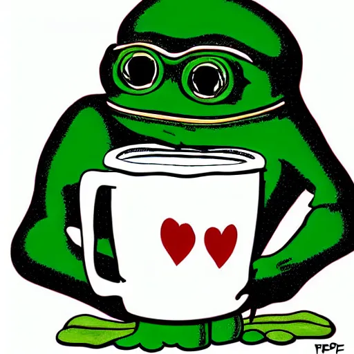 Pepe The Frog Drinking Coffee From A Large White Mug Stable