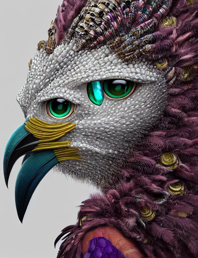 Prompt: 3 d goddess close - up profile portrait with feathers, fur, and bones wearing a beautiful intricately detailed kookaburra mask and retrowave sorceress outfit. lizard scales, reflective chitin, optical mineralogy, songlines, plasma, creature, artwork by tooth wu and android jones wlop and android jones and beeple and greg rutkowski
