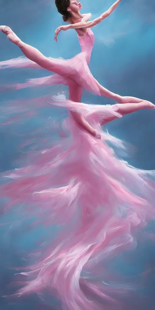 Prompt: prima ballerina dancing in the wind, beautiful, ethereal, gorgeous, volumetric lighting, elegant, fluid, pink, highly detailed oil painting, digital painting, concept art, highly detailed, smooth, sharp focus, illustration, limited color palette, atmosphere and tension, trending on artstation