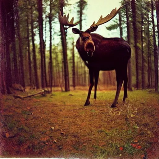 Image similar to close - up fisheye polaroid of a moose, kodachrome