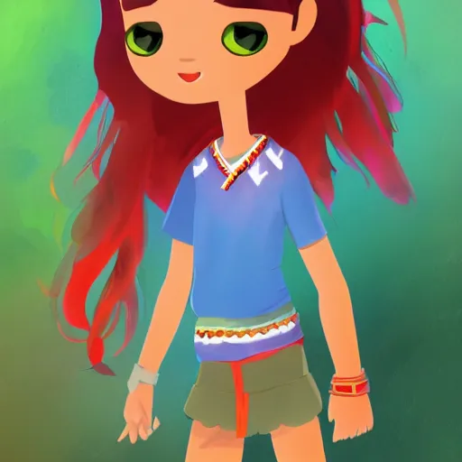 Prompt: Concept art of a 12yo cute indigenous little girl Pixar-style with a white t-shirt with red sleeves and regular blue jeans with cool shoes, her hair and eyes are imbued with fire powers trending on artstation Even Amundsen