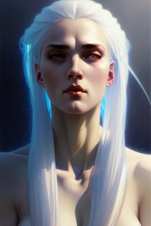 Image similar to girl with white hair gorgeous face and figure, sci - fi, sophisticated, elegant, highly detailed, digital painting, artstation, concept art, smooth, clear focus, illustrations, beautiful sunlight and shadows, art by alphonse mucha and greg rutkowski