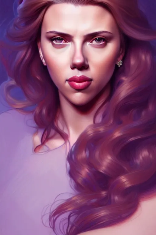 Image similar to portrait of scarlett johansson, long hair, fantasy, elegant, intricate, full frontal shot, highly detailed, digital painting, artstation, concept art, sharp focus, illustration, art by artgerm and greg rutkowski and alphonse mucha