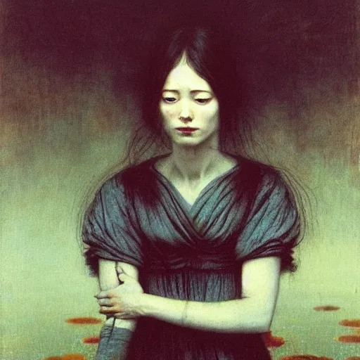 Image similar to style by millais, ( ( ( ( ( ( ( ( by beksinski ) ) ) ) ) ) ) ), portrait painting of victorian yokai, 8 k, highly detailed, by millais,