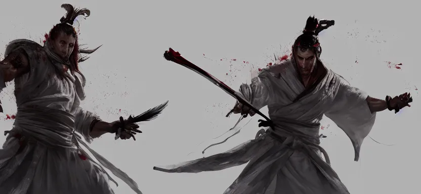 Prompt: Epic action scene, Concept art of a man wielding a guandao, wearing a white garb covered with a long white cloak, red smoke follows his movement, full body wuxia, polearm martial arts by Akihito Yoshitomi AND Yoji Shinkawa AND Greg Rutkowski, Mark Arian trending on artstation, 4k
