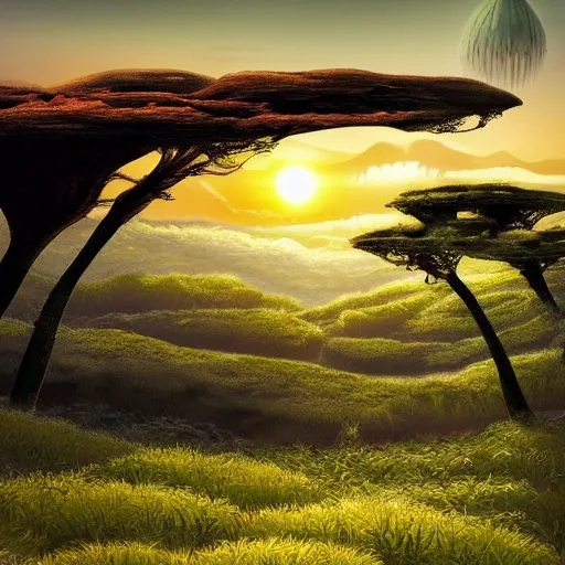 Prompt: a beautiful alien planet with luscious vegetation and impossible animals. landscape photography. sunset. high quality. very detailed.