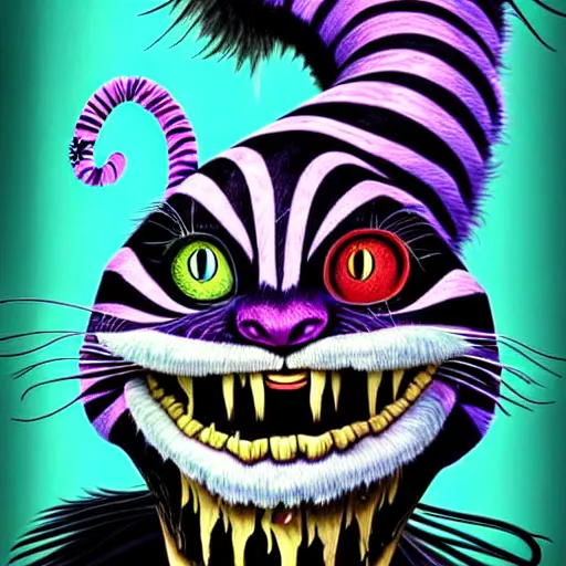 Image similar to graphic illustration, creative design, alice cooper as cheshire cat, biopunk, francis bacon, highly detailed, hunter s thompson, concept art