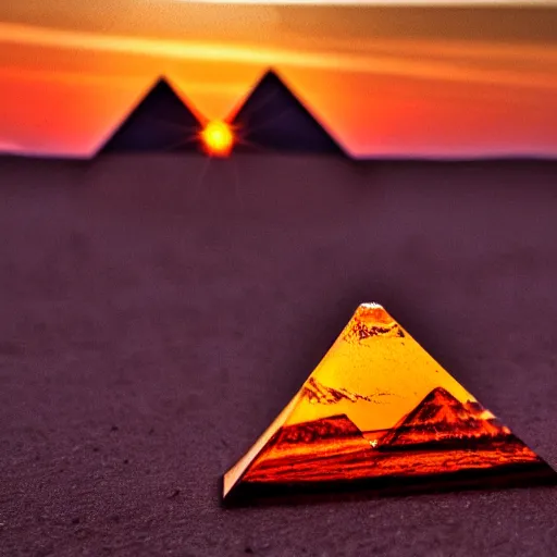 Prompt: a glass crystal pyramid in the desert in a sunset, highly detailed, fractal, chromatic refraction