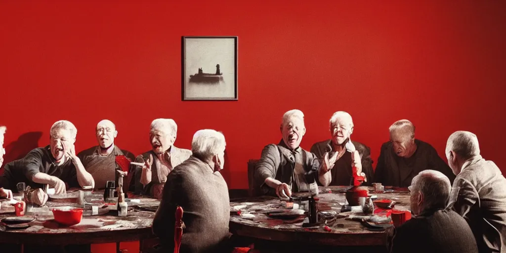 Prompt: film still of old men screaming!!!! sitting at a round table and finger painting in a red room with pictures on the wall directed by david lynch, vibrant colours, backlighting