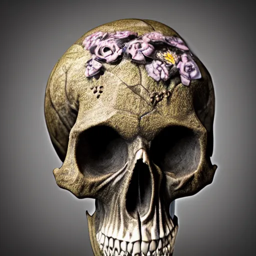 Prompt: gothic sculpture of skull with decorative floral design, deep texture, intense detail, hyperealism, 4 k