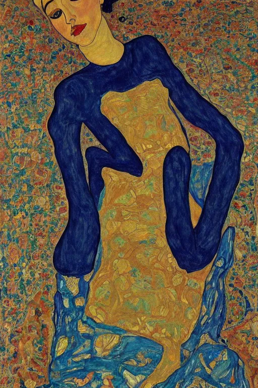 Image similar to girl waer detailed golden arabesque dress and lay down on a detailed navy persian carpet with a big tree palm persian pot, painting by egon schiele