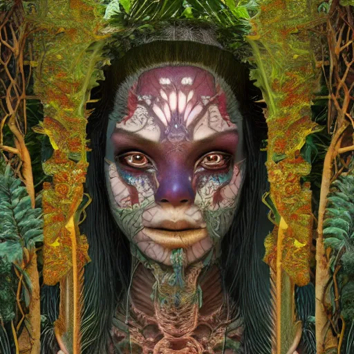 Image similar to symmetry!!, ( decaying corpse of an african moon goddess ), deep inside a temple overgrown with vegetation, by casey weldon and chie yoshii and afarin sajedi, global illumination, radiant light, god rays, bokeh, digital illustration, cg society, unreal engine 5, ray tracing