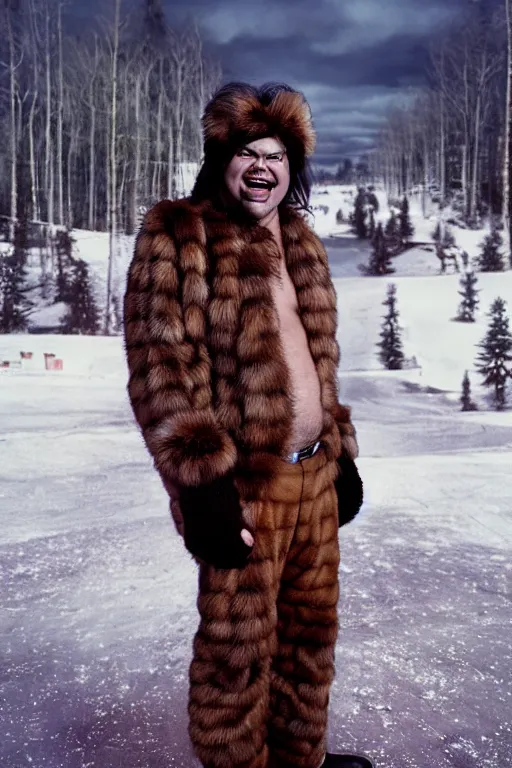 Image similar to 1 8 mm f 1 6 wide shot full body portrait photography of a crazy man wearing fur mittens who looks like a mix of lou diamond phillips and jack black wearing a retro alien invasion movie costume from the 1 9 6 0 s, photo by gregory crewdson