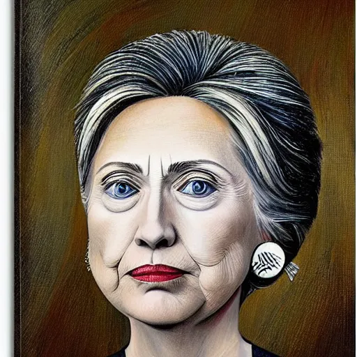 Image similar to beautiful surreal detailed portrait of hillary clinton wearing white earrings, painted by max ernst