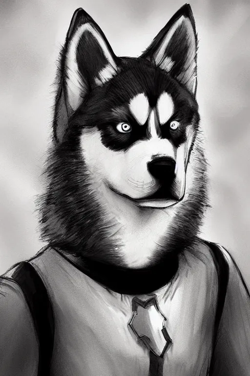 Image similar to a character design of a husky hero, portrait painting, anime, humanoid, anthropomorphic, personify, furry