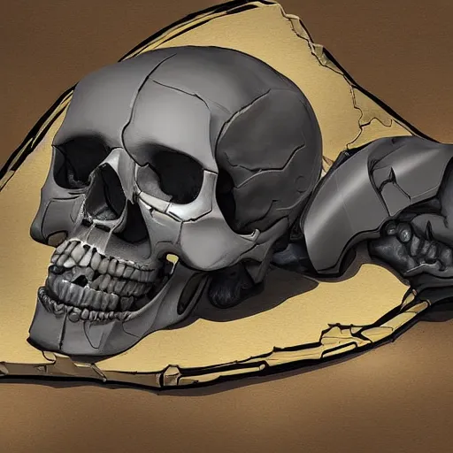 Image similar to cyborg skull crushed on table, digital painting , realistic illustration