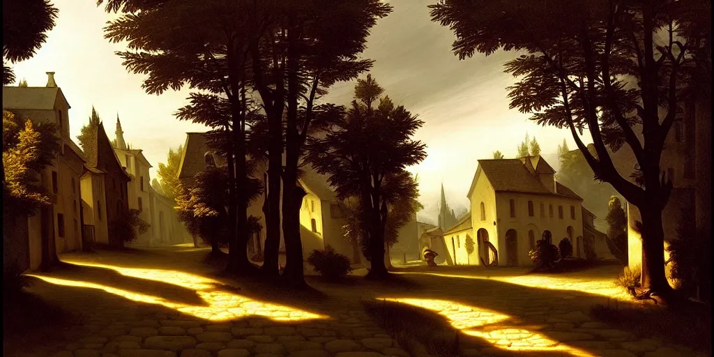 Image similar to in the style of gerald brom, caravaggio, beautiful small town, houses and buildings, 1 8 0 0 s, cobblestone roads, low light, end of day, trees, forest in the distance, light mist