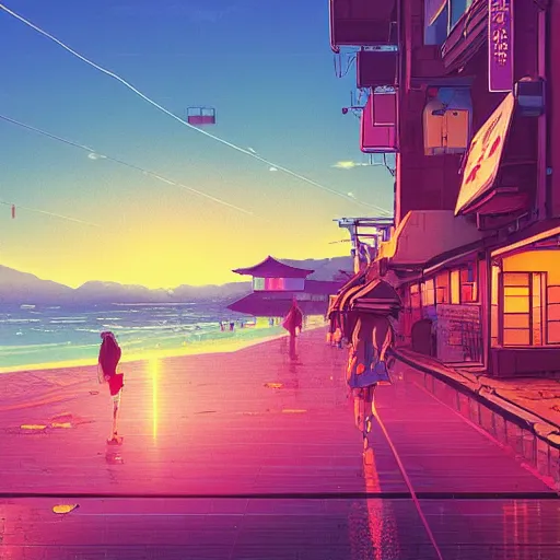 Image similar to the sun is setting over a beach town in japan, cyberpunk art by alena aenami, featured on deviantart, digital art, matte drawing, matte painting, speedpainting