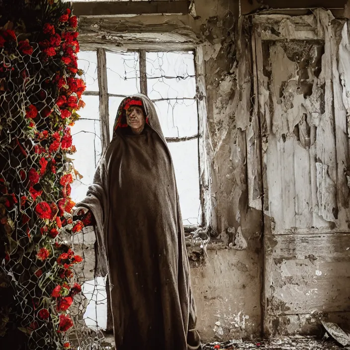 Image similar to a woman wearing a hooded cloak made of zinnias and barbed wire, in a derelict house, by Omar Z. Robles, natural light, detailed face, CANON Eos C300, ƒ1.8, 35mm, 8K, medium-format print