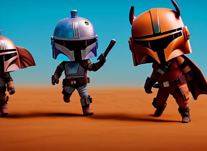 Prompt: mandalorian as nendoroid walking in a desert with two moons in the croods movie style, anime, disney, pixar, 8 k, hd, dof, kodak film, volumetric lighting, subsurface scattering, photorealistic, octane render, details