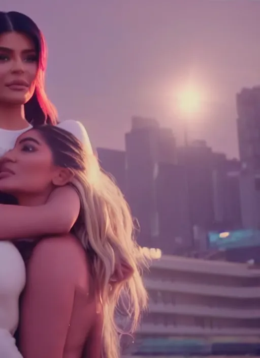 Prompt: film still of kylie Jenner embracing kim kardashian, scenic cyberpunk city backround, lens flare, cinematic