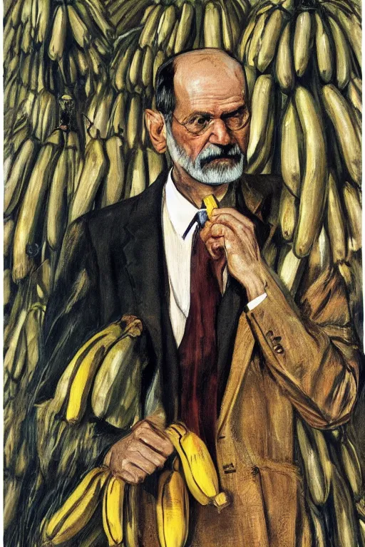 Image similar to portrait of sigmund freud wearing suit coat and tie and skirt made of bananas, doing the hula hoop, by frank mccarthy, by lucian freud