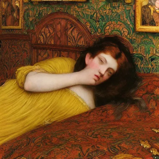 Prompt: preraphaelite photography reclining on bed, a hybrid of judy garland and amy macdonald, aged 2 5, big brown fringe, yellow ochre ornate medieval dress, john william waterhouse, kilian eng, rosetti, john everett millais, william holman hunt, william morris, 4 k