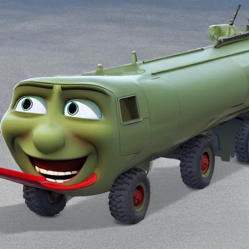 Prompt: HIMARS with missile, eyes and smile, Cars Pixar movie style, detailed, green