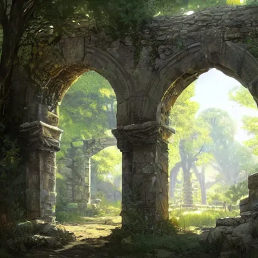 Image similar to concept art painting of an ornate ancient stone archway, in the woods, realistic, detailed, cel shaded, in the style of makoto shinkai and greg rutkowski and james gurney