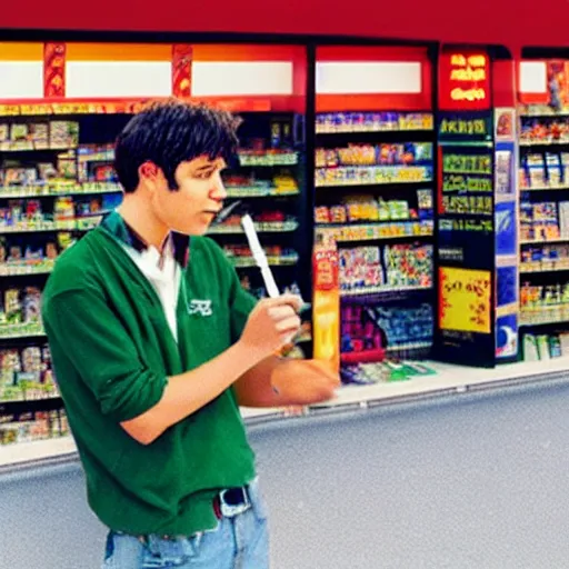 Prompt: beelzebub smoking a joint cigarette in a 7 - 1 1 store