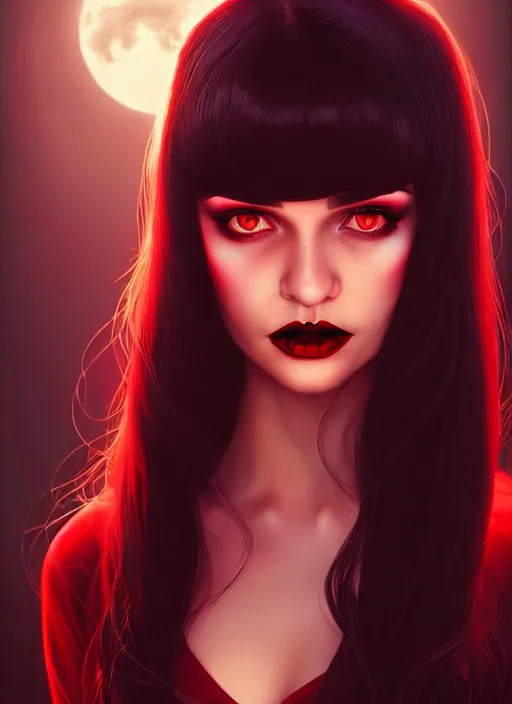 Image similar to portrait of vampire veronica lodge with bangs, vampire fangs, vampire, long hair, red clothes, bangs, vampironica, intricate, elegant, glowing lights, highly detailed, digital painting, artstation, concept art, smooth, sharp focus, illustration, art by wlop, mars ravelo and greg rutkowski