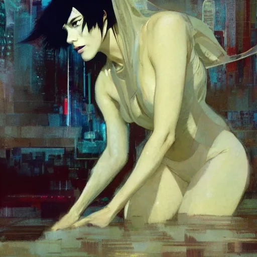 Image similar to ghost in the shell, intricate, elegant, highly detailed, greg manchess, mucha, liepke, ruan jia, jeffrey catherine jones, ridley scott