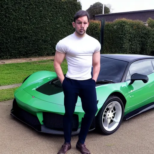 Image similar to Andrew Tate the ultimate chad standing in front of his dope sports car