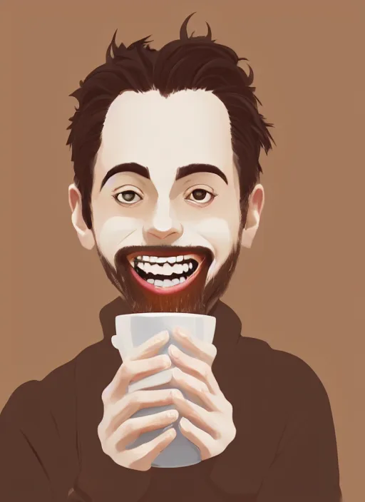 Image similar to a white young man drinking from a coffee cup, which is a brown flower, big smile, prominent big eyes, wise forehead, big lips, round portruding chin, background full of brown flowers, standout colours, thin sharp lines, digital painting, artstation, matte, sharp focus, illustration, realistic anime artstyle