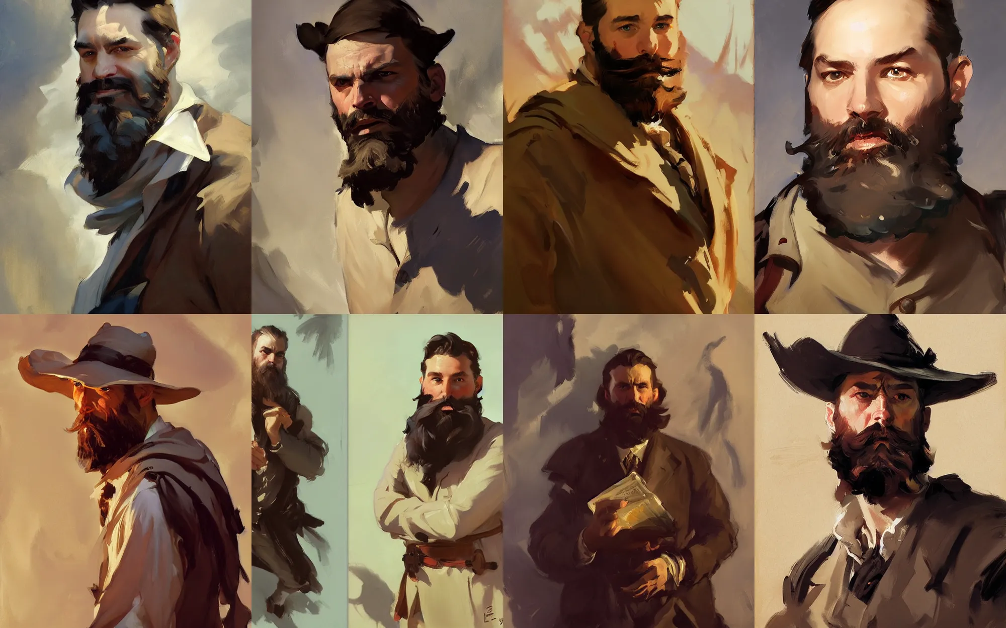 Image similar to portrait of bearded man traveler greg manchess painting by by sargent and leyendecker, d & d, fantasy, medium shot, asymmetrical, intricate, elegant, matte painting, illustration, hearthstone, by greg rutkowski, by greg tocchini, by james gilleard, by joe fenton