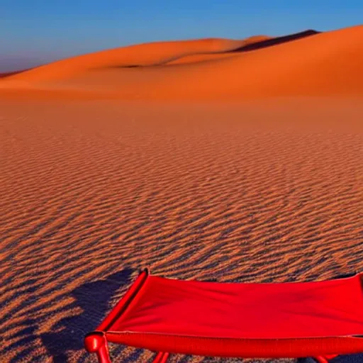 Prompt: a red camping chair in the middle of the sahara desert