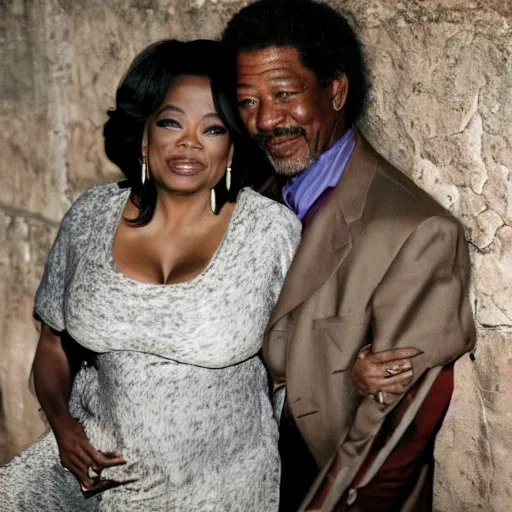 Prompt: photo of morgan freeman and oprah winfrey hugging on the background of the colesseum in rome, 5 0 mm, beautiful photo